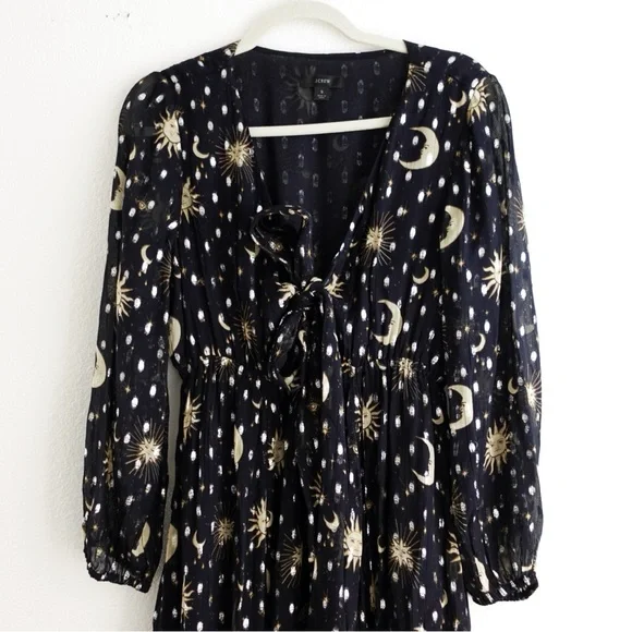 J. Crew Black and Gold Long Sleeve Celestial Moon and Stars Maxi Dress Small - Picture 10 of 10